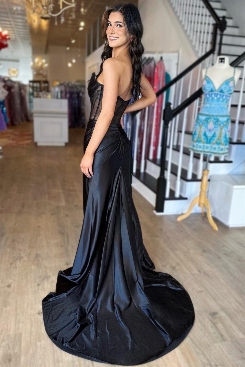 Strapless Pleated Boning Sheer Long Prom Dress with Slit - KissProm