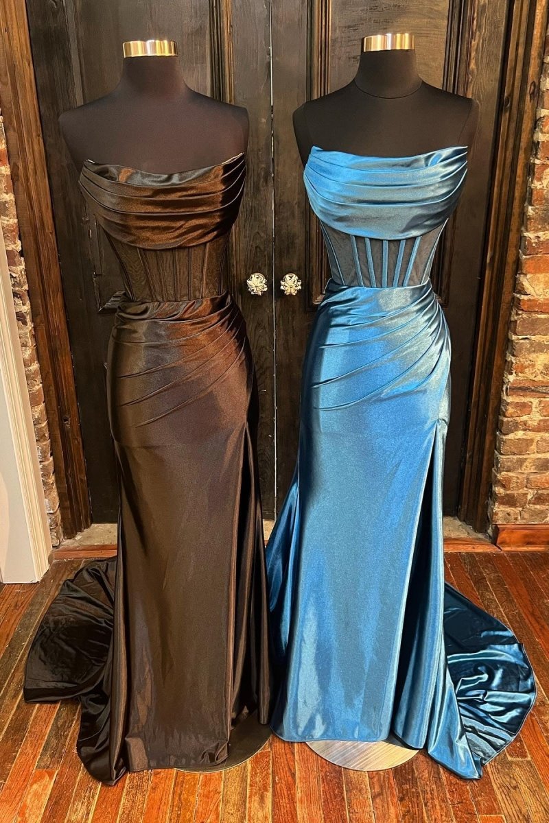 Strapless Pleated Boning Sheer Long Prom Dress with Slit - KissProm