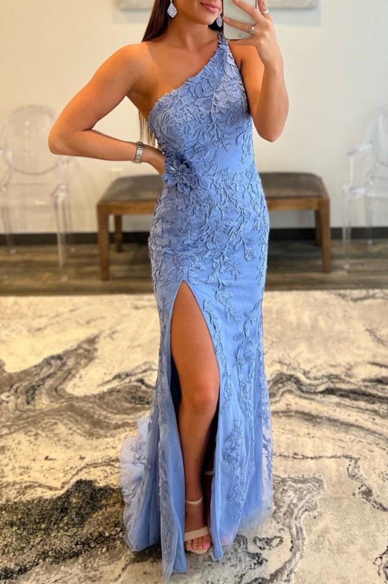 Kimberly |Mermaid One Shoulder Lace Long Prom Dress with Slit - KissProm