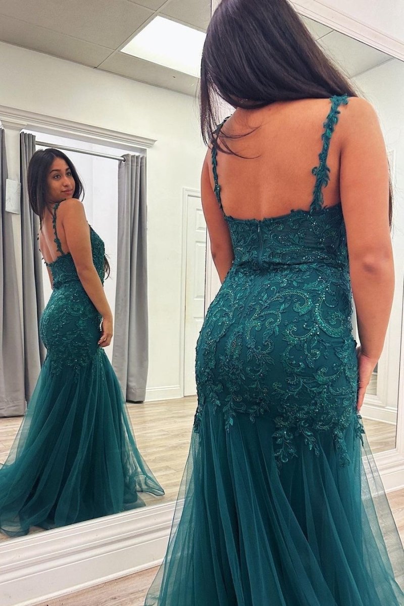 Kali |Peacock Mermaid V - Neck Appliques Tulle Long Prom Dress - KissProm