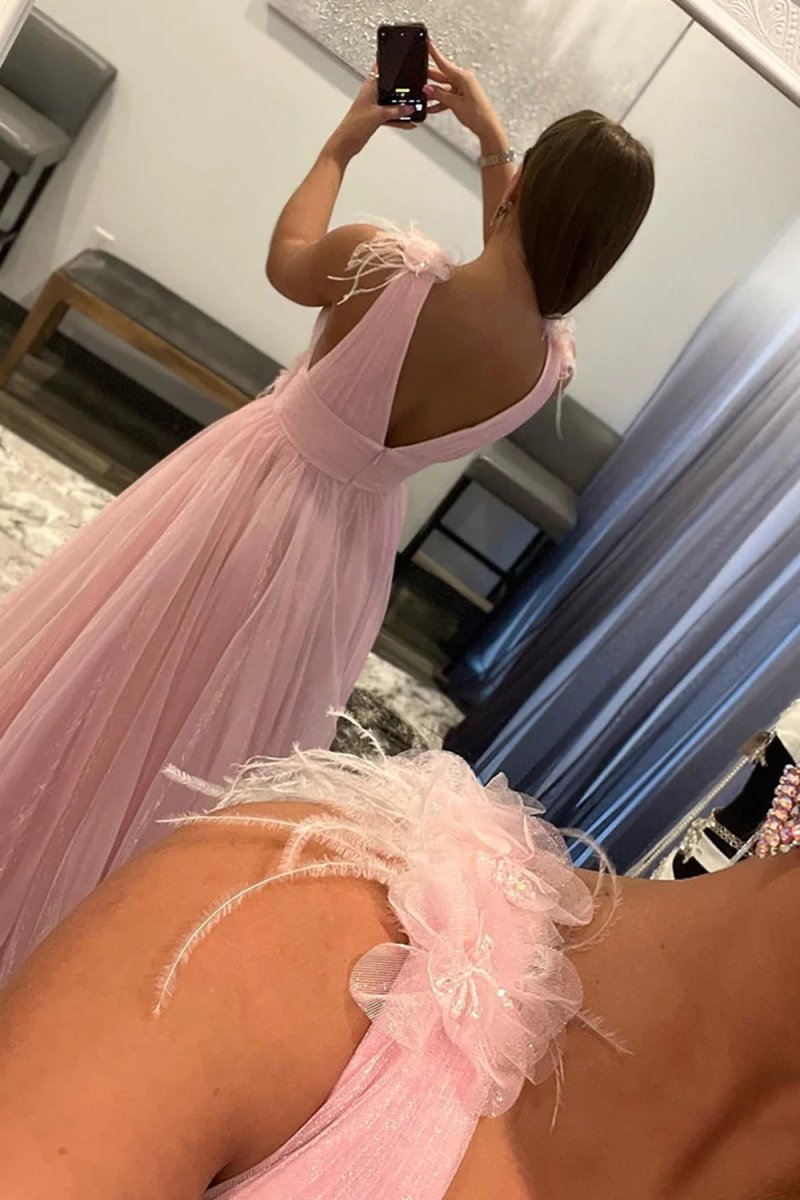 Feathers Backlesss Pink Plunging V - Neck Tulle Long Formal Dress - KissProm