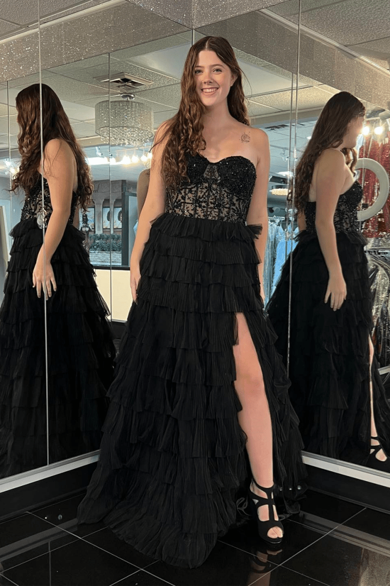 Phelicia |A - line Strapless Tulle Long Prom Dress with Slit - KissProm