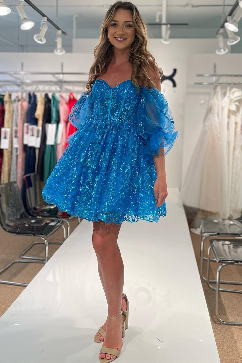 Sequined with Homecoming Lace Short KissProm A-line Dress | Sweetheart Sleeves Veronique