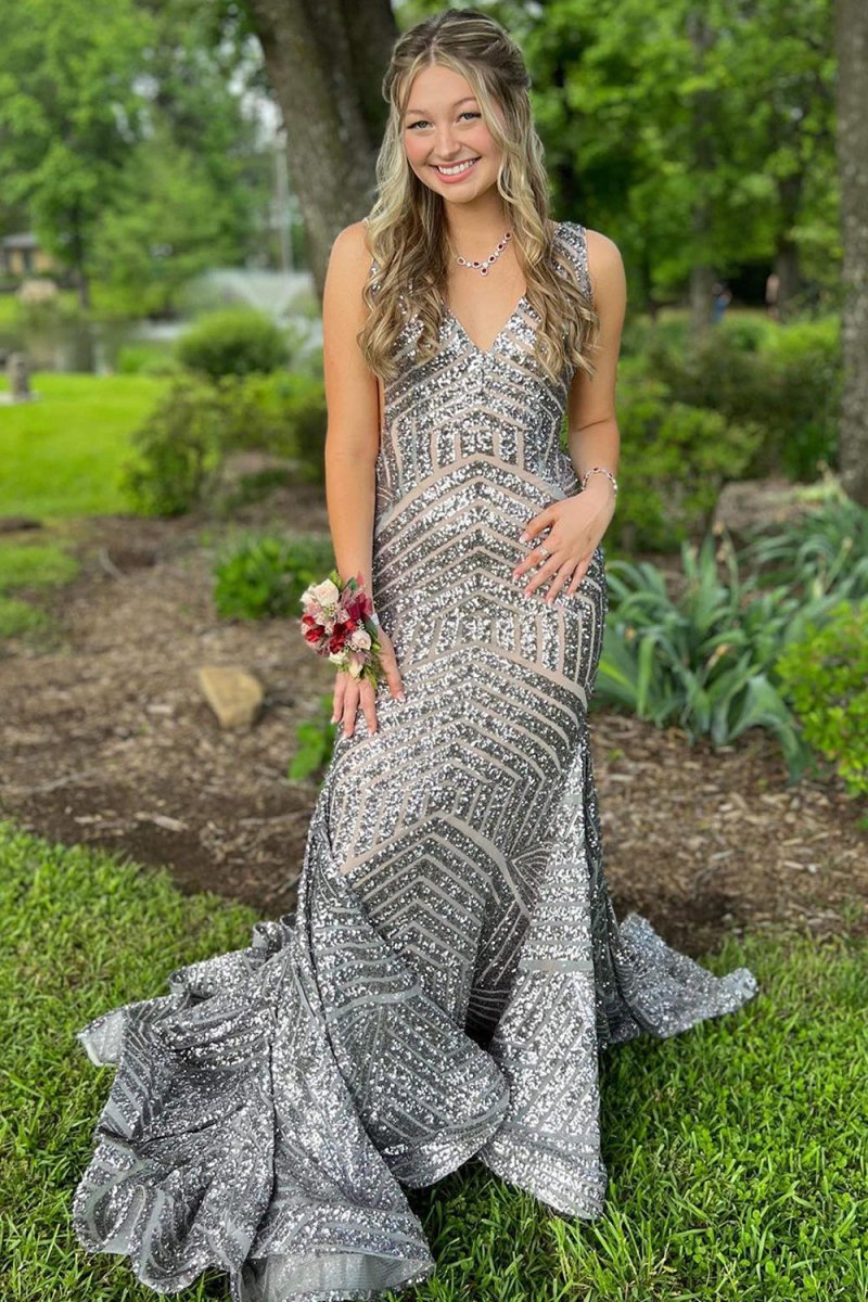 Nina | Red Mermaid Deep V Neck Sequins Prom Dress - KissProm