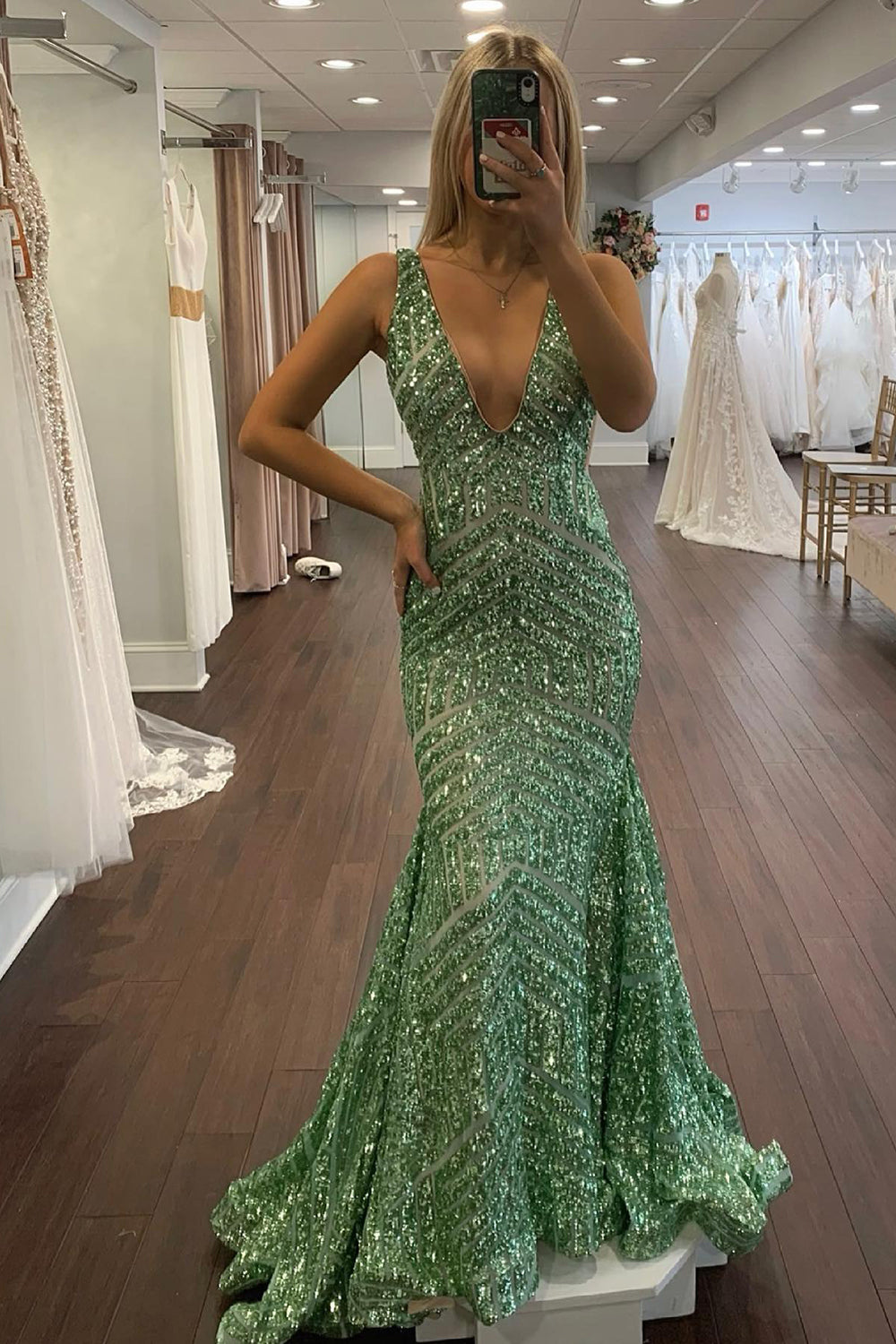 Nina |Mermaid Deep V Neck Sequins Prom Dress | KissProm