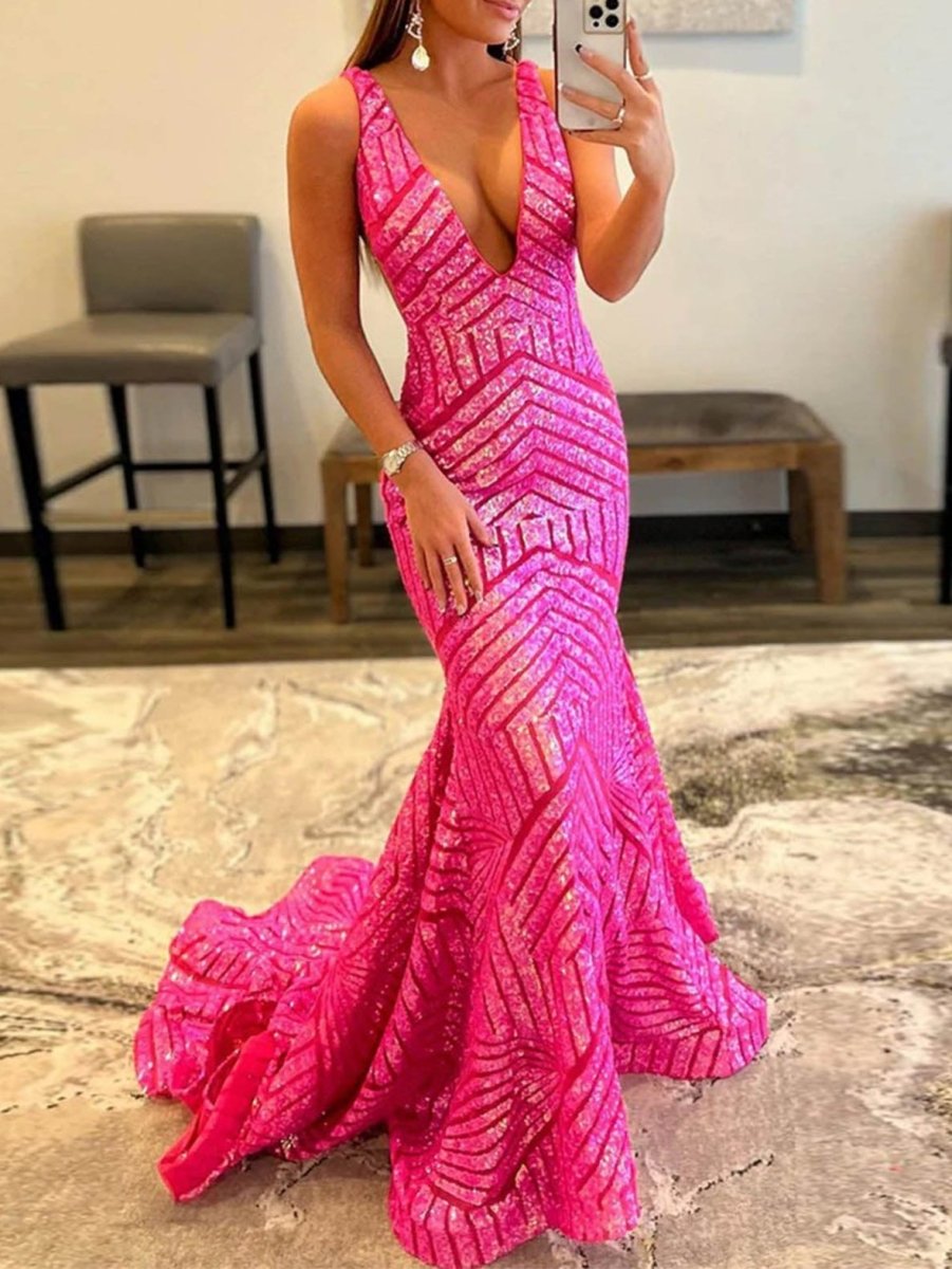 Nina |Deep V Neck Pink Sequins Mermaid Long Prom Dress - KissProm