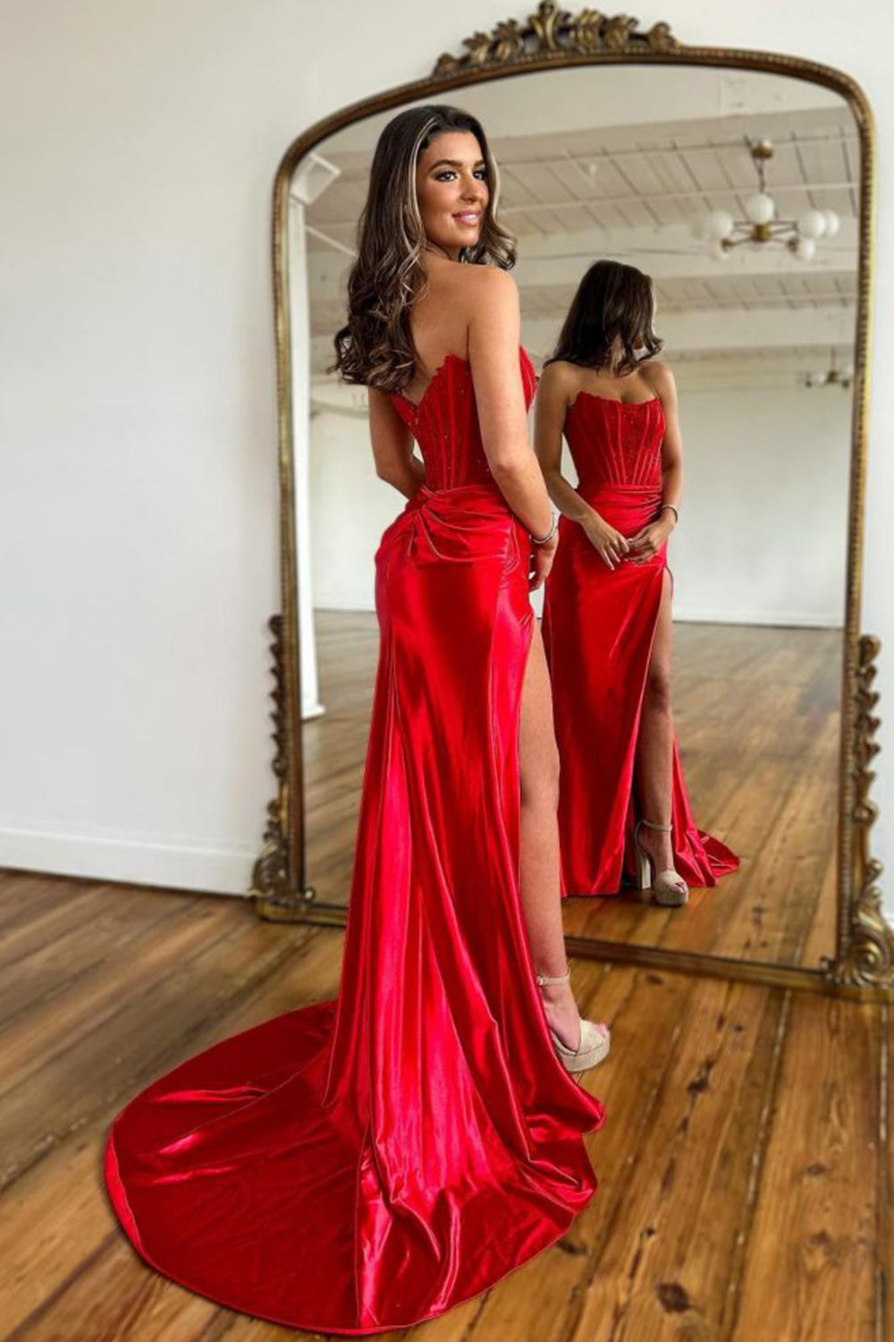 Elegant Red Straps Corset Back Long Prom Evening Dress with Slit TP1185