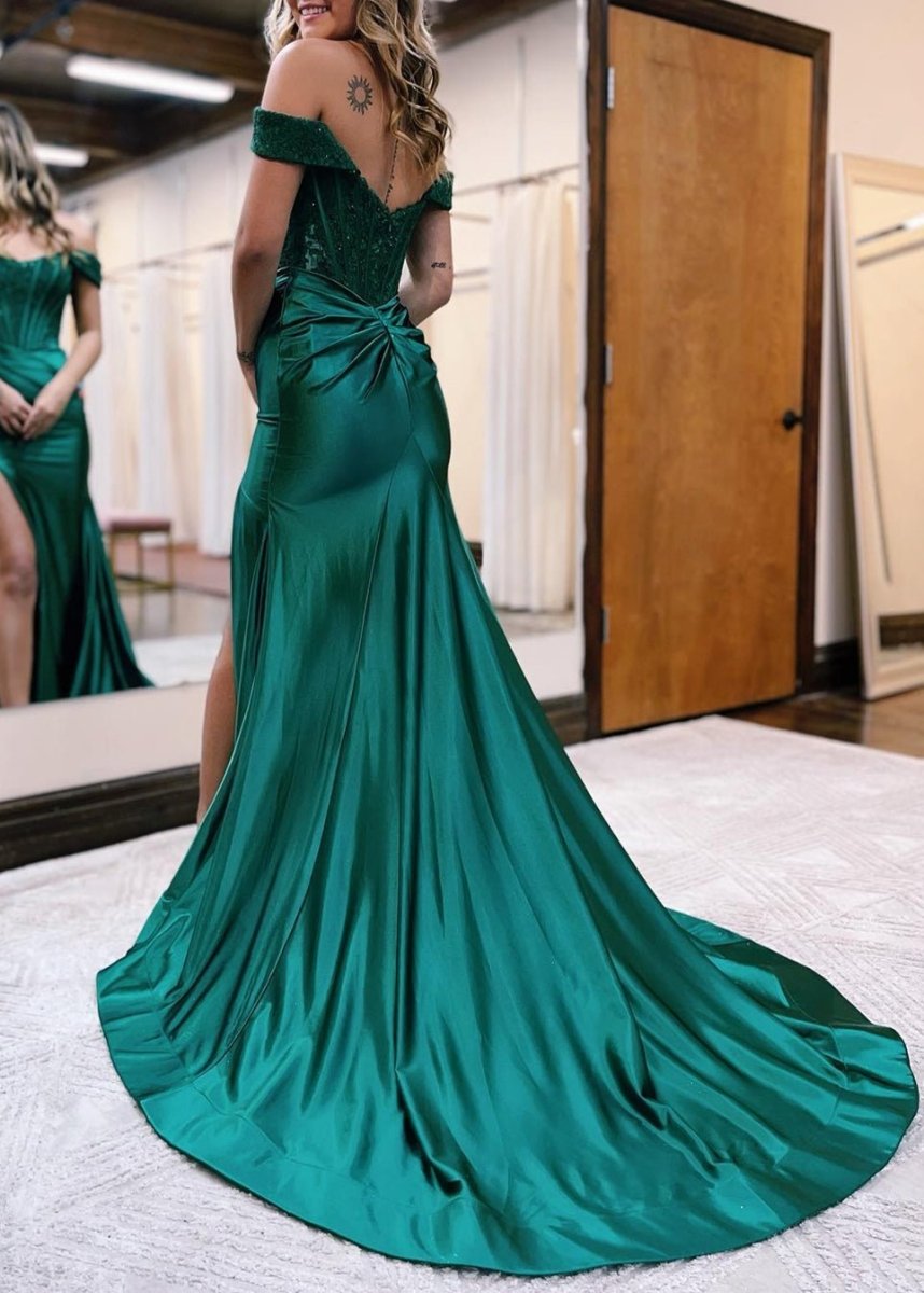 Raelyn |Mermaid Off the Shoulder Satin Prom Dress with Slit - KissProm