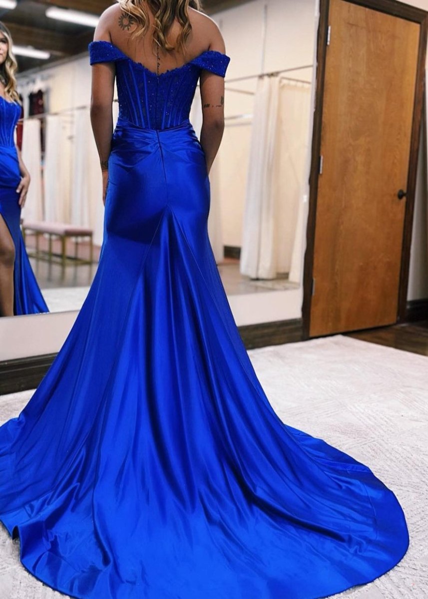 Raelyn |Mermaid Off the Shoulder Satin Prom Dress with Slit - KissProm