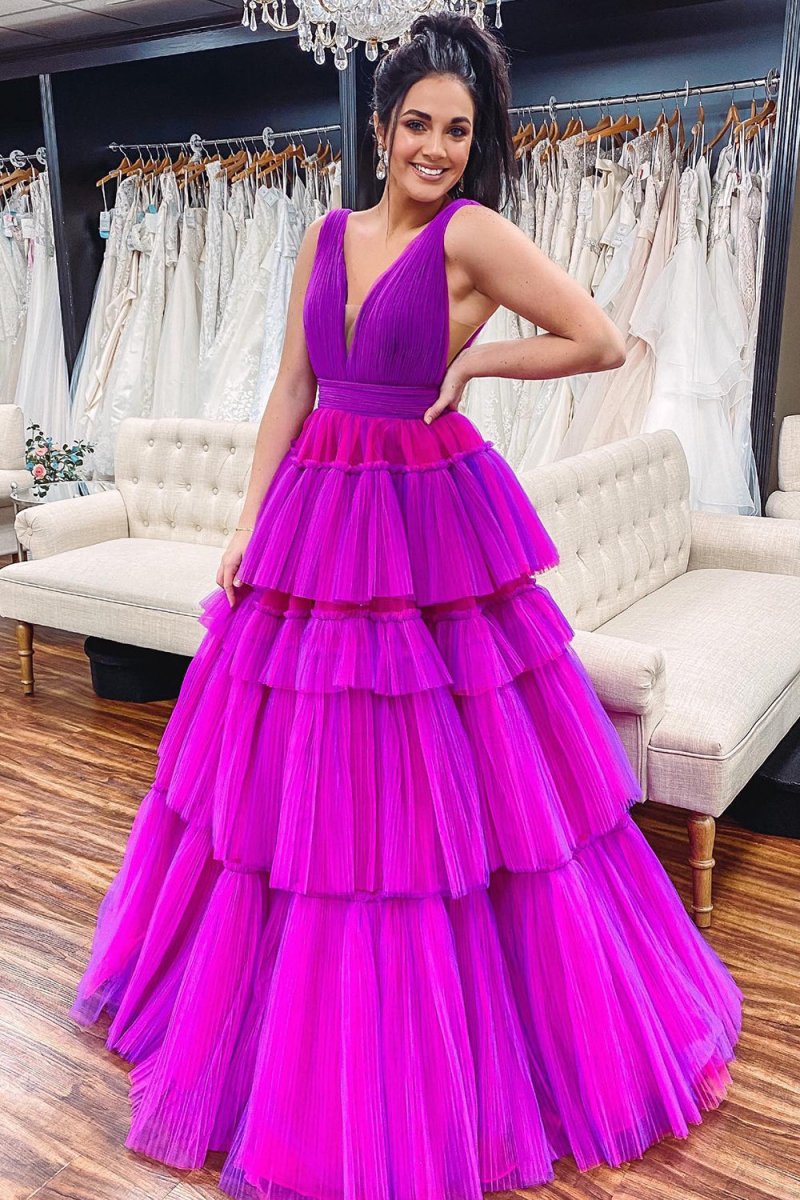 Giana |A - Line V Neck Tiered Tulle Prom Dress - KissProm