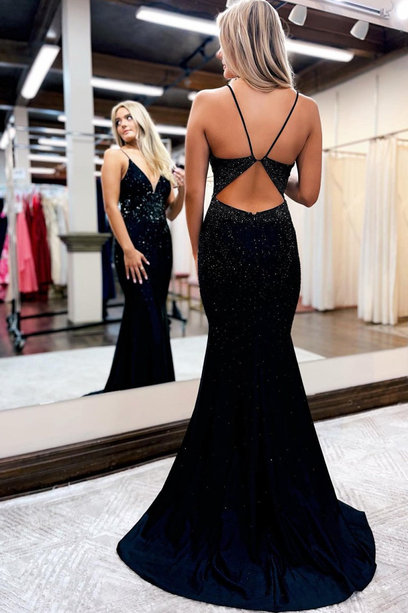 Deborah |Mermaid Spaghetti Straps Beaded Satin Prom Dress - KissProm