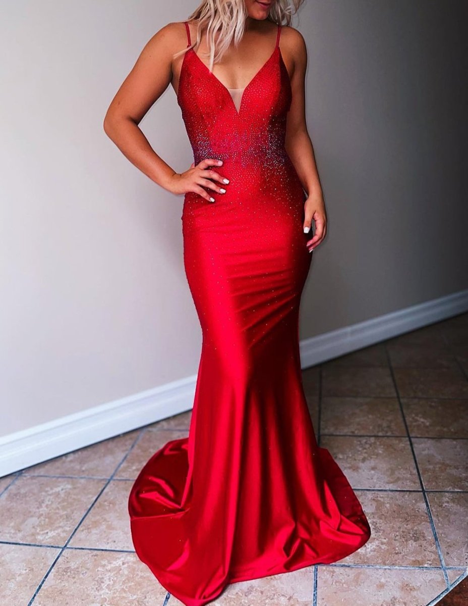 Deborah |Mermaid Spaghetti Straps Beaded Satin Prom Dress - KissProm