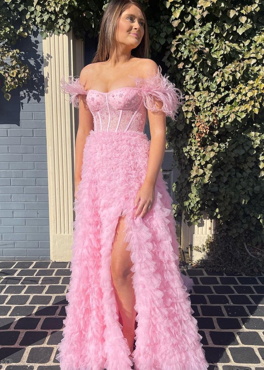 Ingrid |A Line Sweetheart Tiered Tulle Long Prom Dress With Slit - KissProm