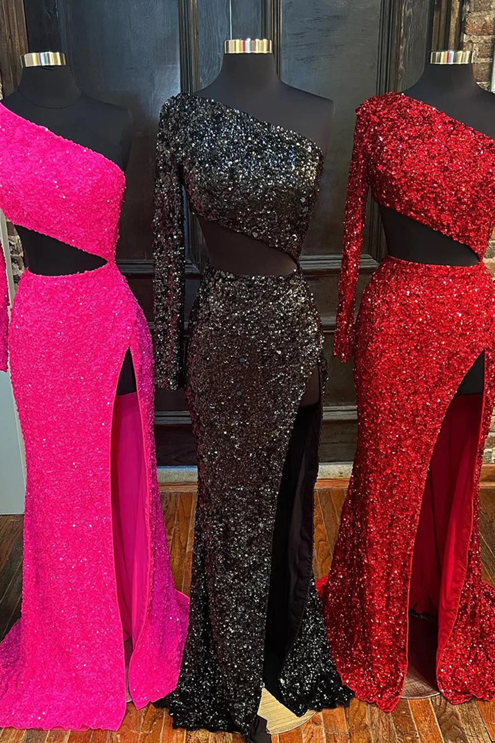 Sheath One Shoulder Red Sequins Long Prom Dress with Silt | KissProm