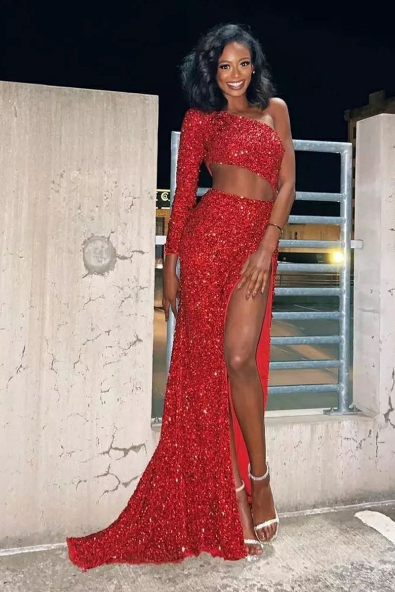 Sheath One Shoulder Red Sequins Long Prom Dress with Silt - KissProm