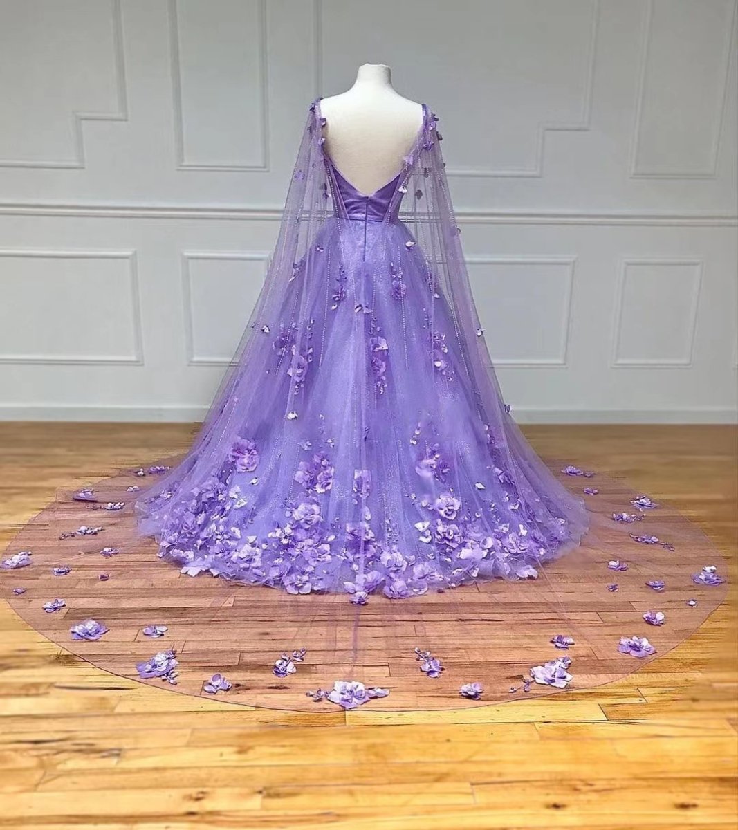 Lavender 3D Floral Lace A - Line Prom Dress with Cape Sleeves - KissProm