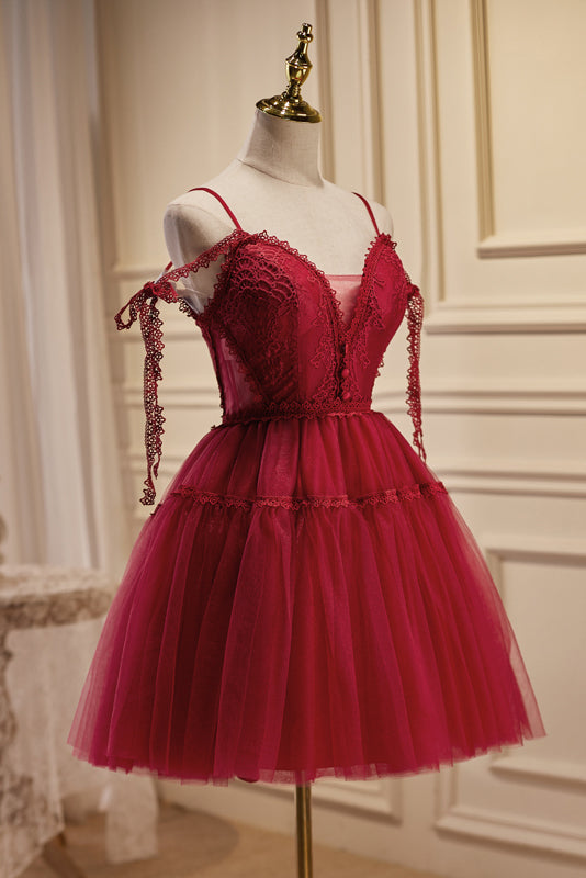 Rebecca |Burgundy A Line V Neck Tulle Homecoming Dress