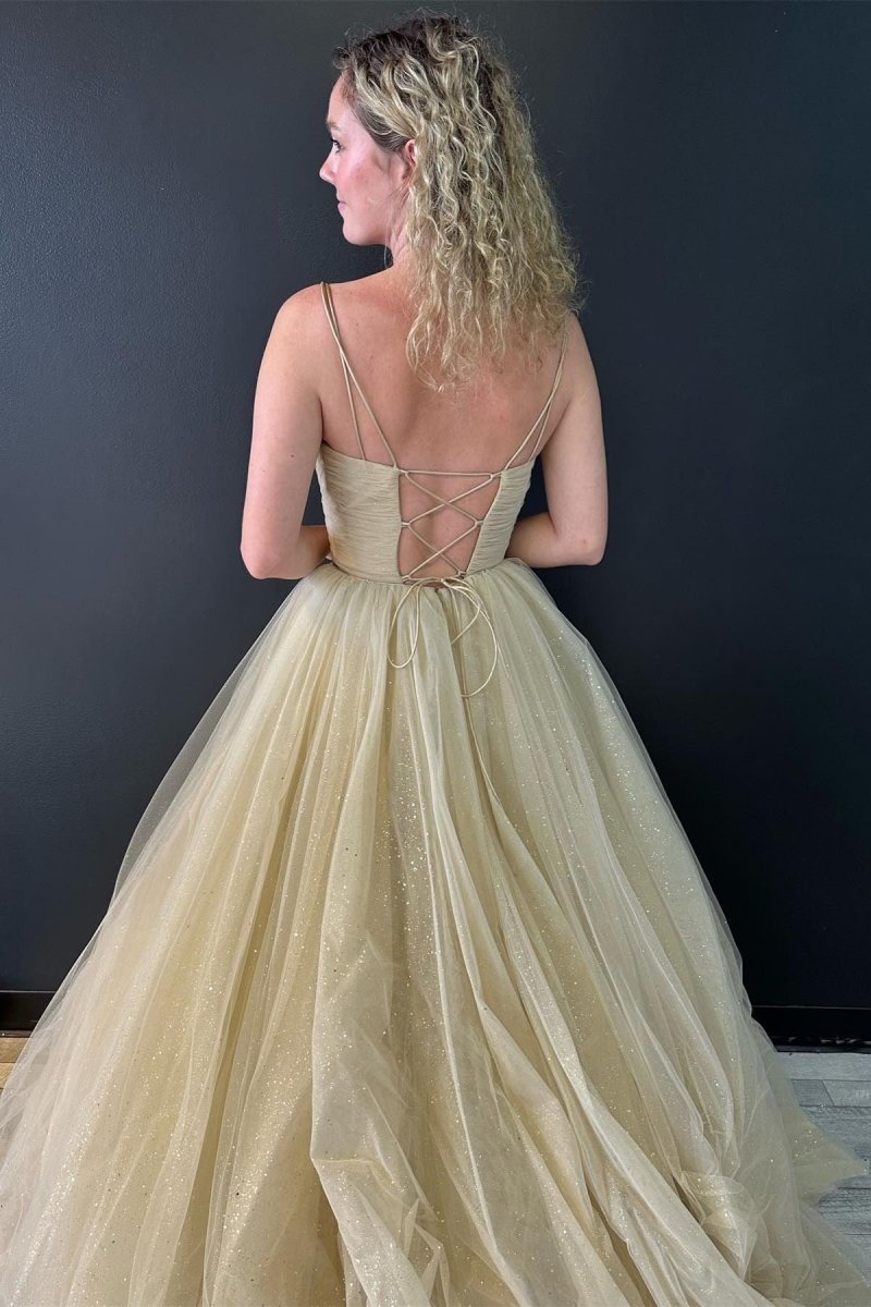 Nia |A line V Neck Glitter Tulle Prom Dress with Lace up Back - KissProm