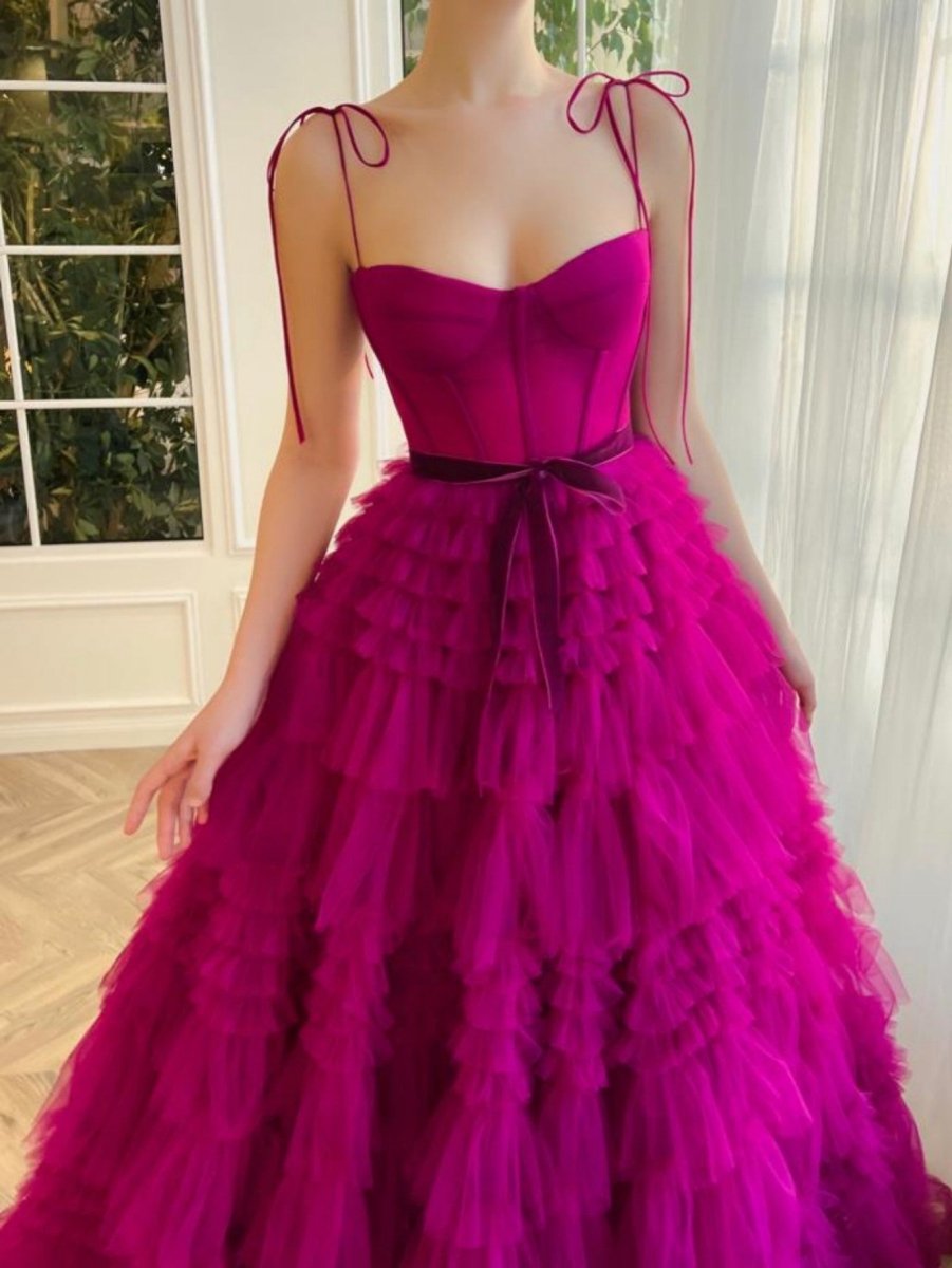 Blair |A Line Strapless Fuchsia Tiered Long Tulle Prom Dress - KissProm