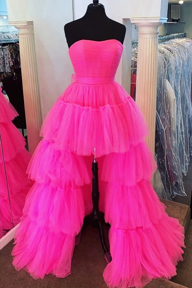 June |A - line High Low Strapless Tulle Prom Dress with Ruffles - KissProm