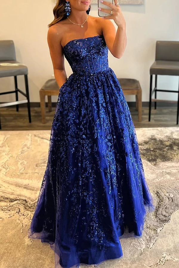 Zara A Line Royal Blue Sequined Lace Long Prom Dress With Pockets