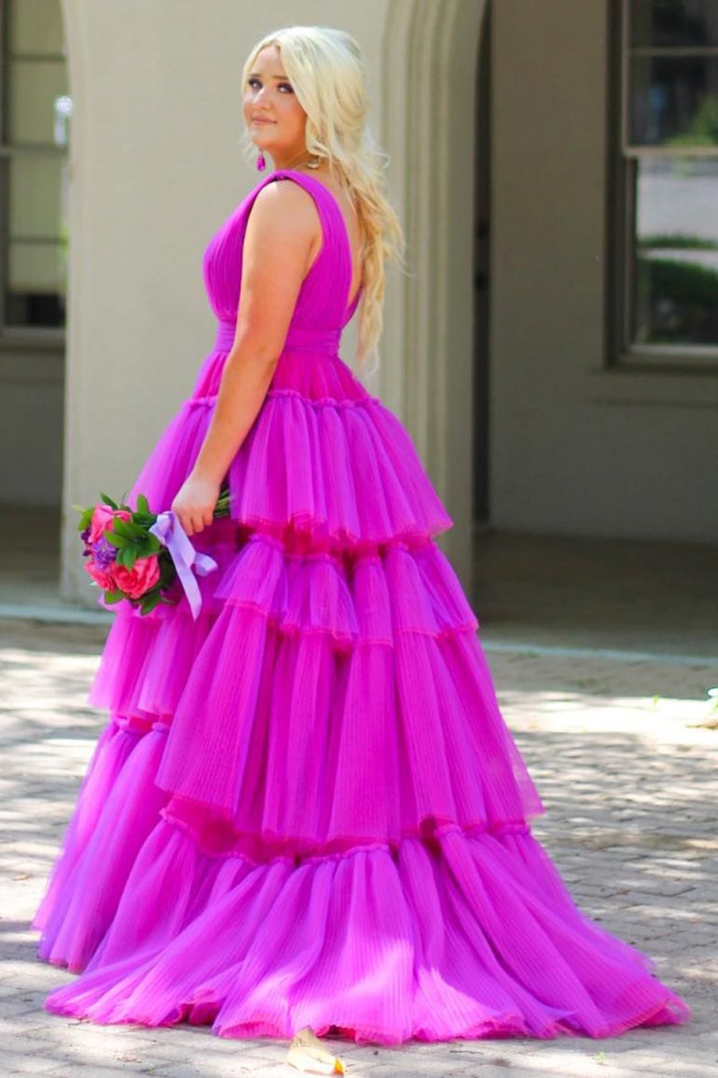 Giana |A - Line V Neck Tiered Tulle Prom Dress - KissProm