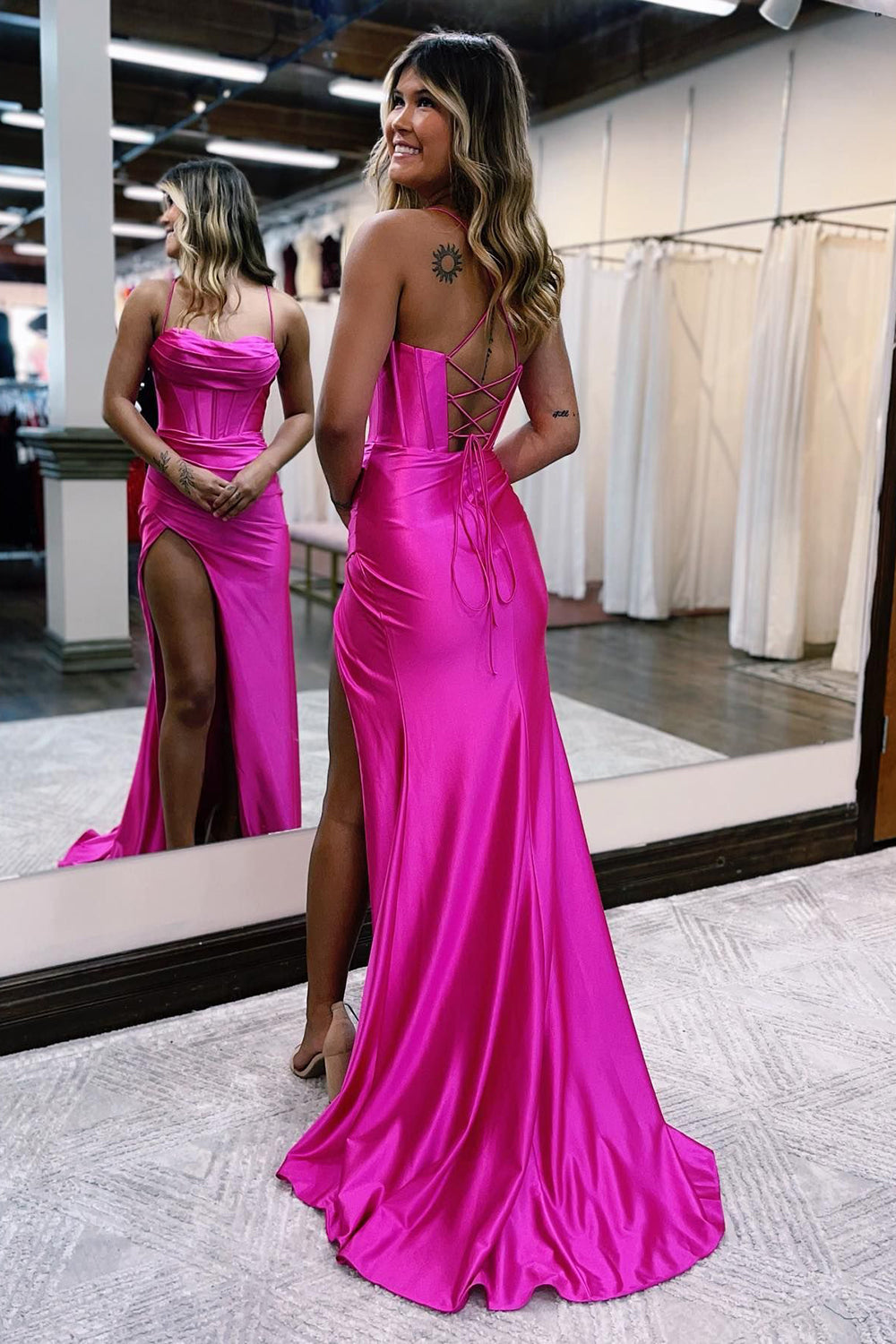 Aaliyah, Hot Pink Spaghetti Straps Satin Mermaid Prom Dress with Slit