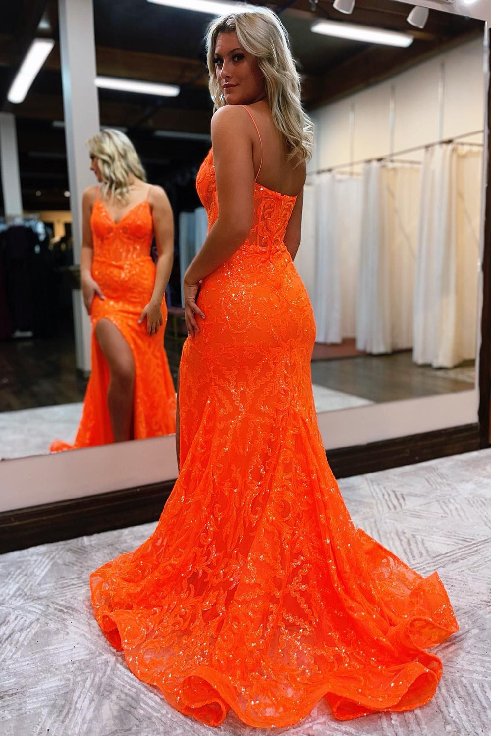 Lakelynn Orange Mermaid Spaghetti Straps Sequined Lace Prom Dress with Slit
