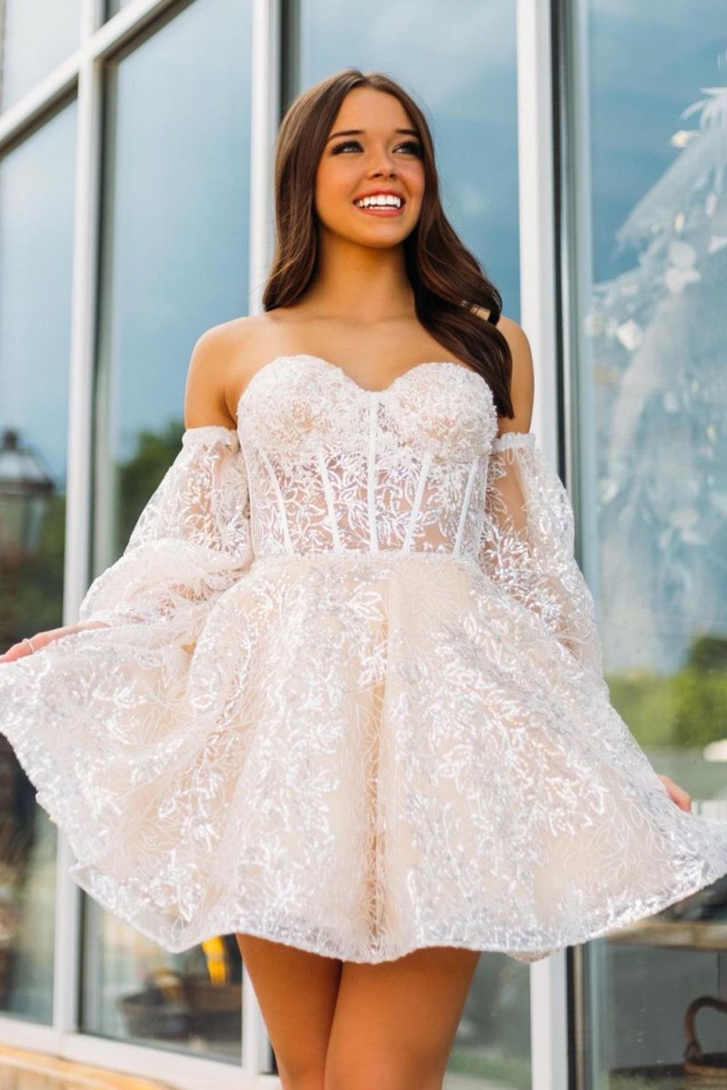 Lorna |A Line Sweetheart Corset Homecoming Dress with Sleeves - KissProm