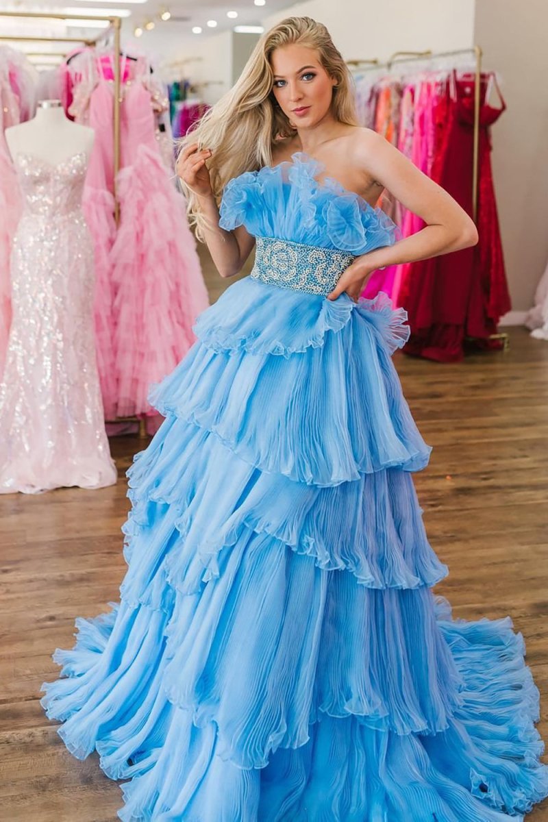 Peyton | A Line Strapless Long Prom Dress with Ruffles - KissProm