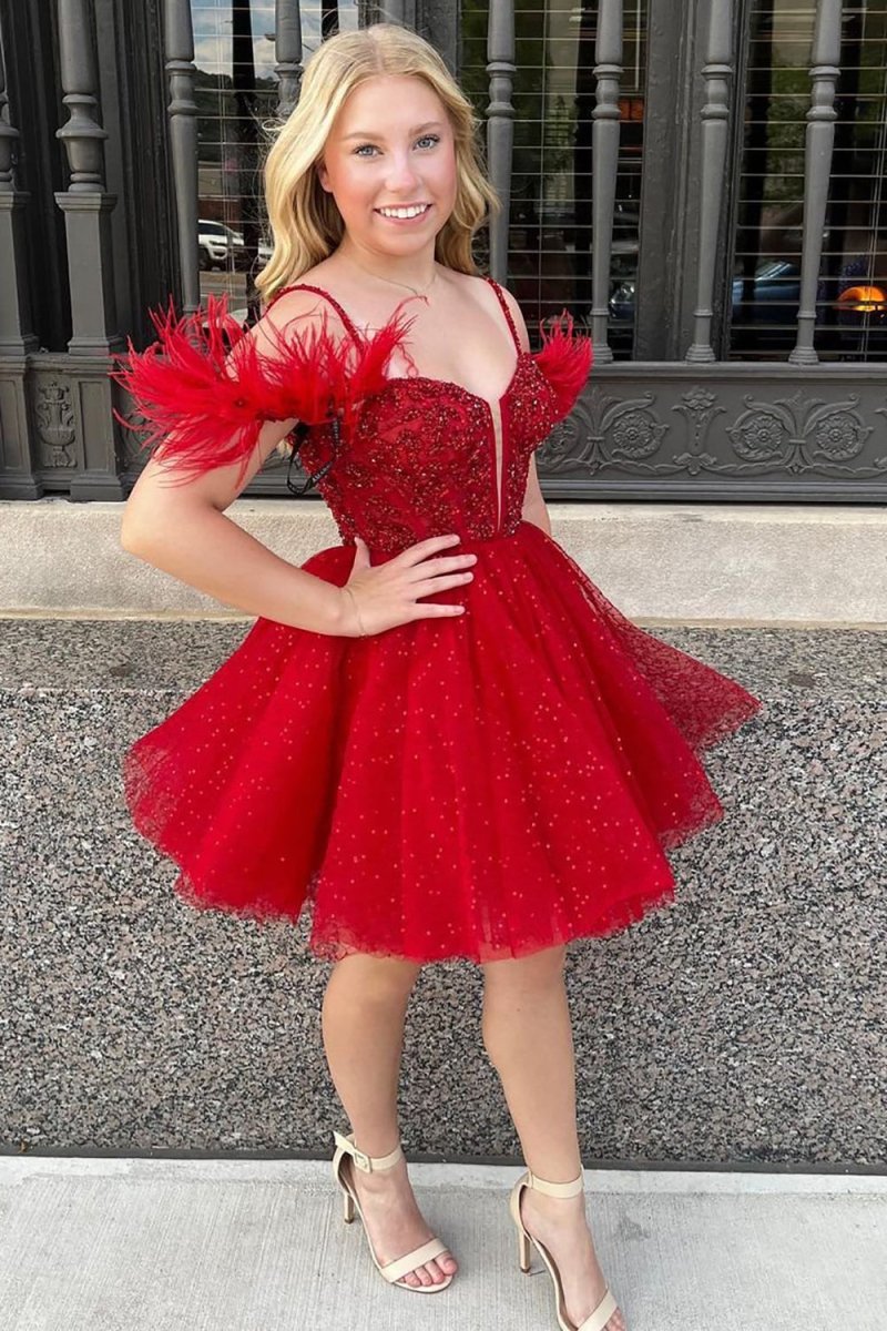 Anna |A Line Sparkling Tulle Corset Homecoming Dress with Feathers - KissProm