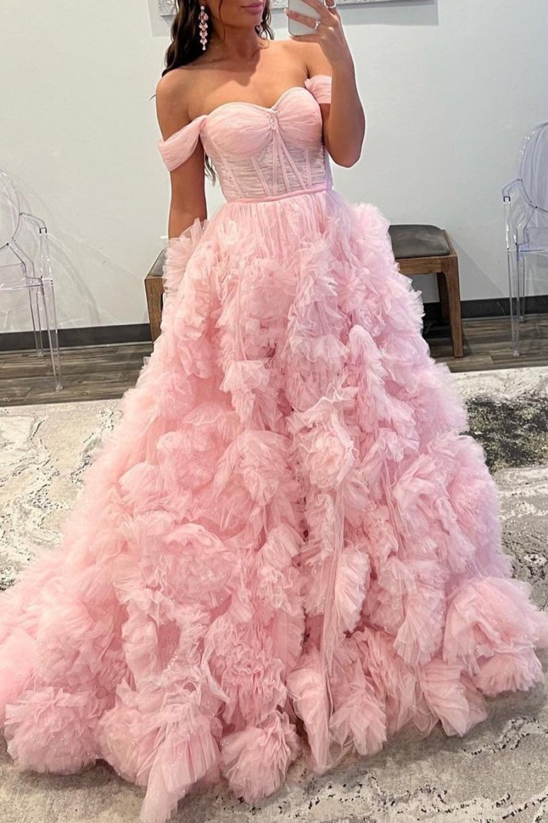 Kenia |A Line Off the Shoulder Ruffled Tulle Prom Dress with Slit - KissProm