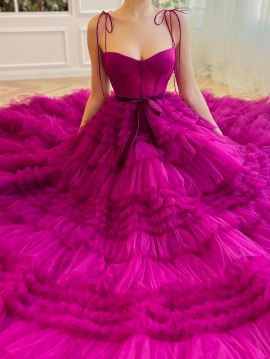 Blair |A Line Strapless Fuchsia Tiered Long Tulle Prom Dress - KissProm