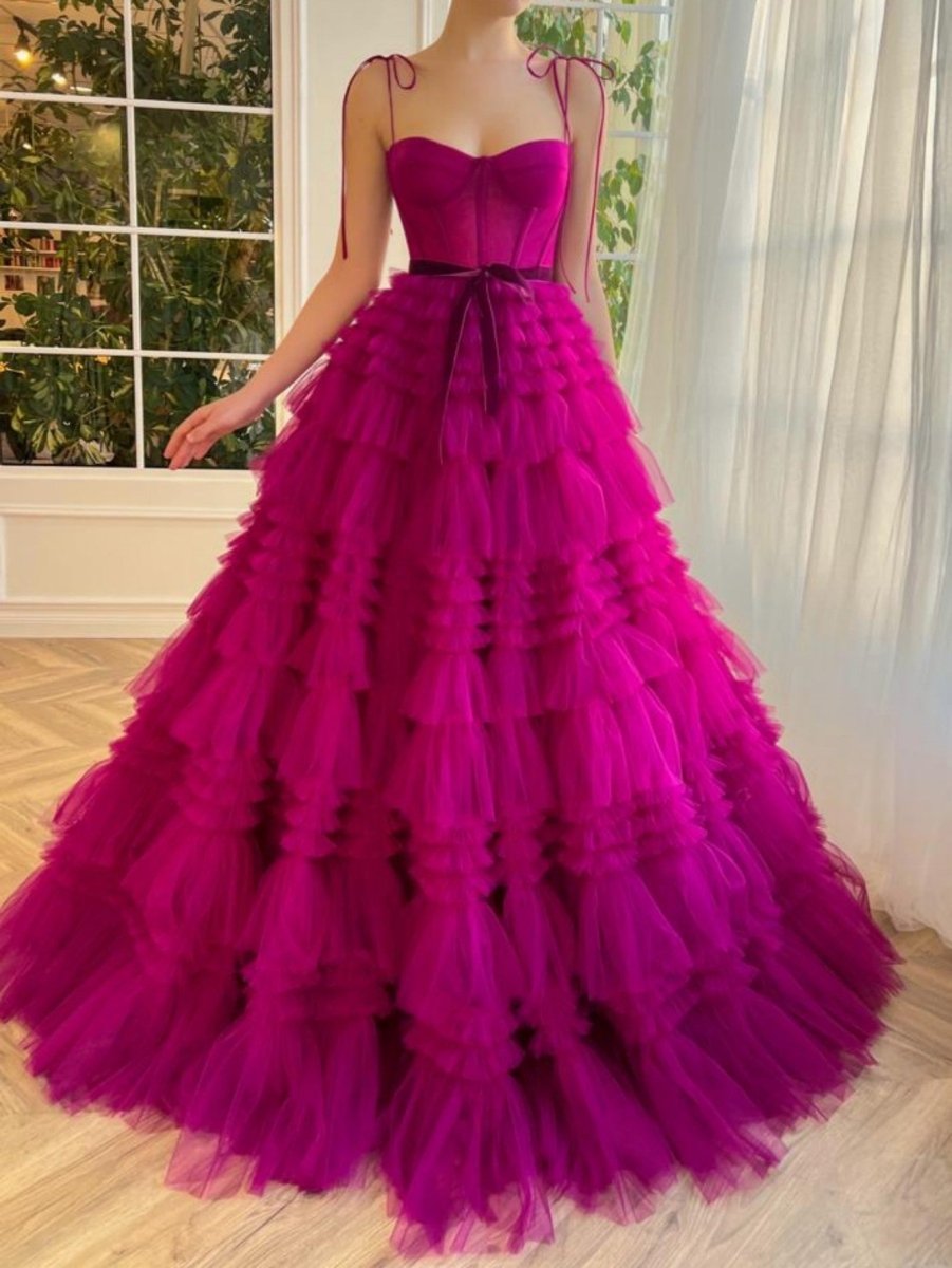 Blair A Line Strapless Fuchsia Tiered Long Tulle Prom Dress with ruffles