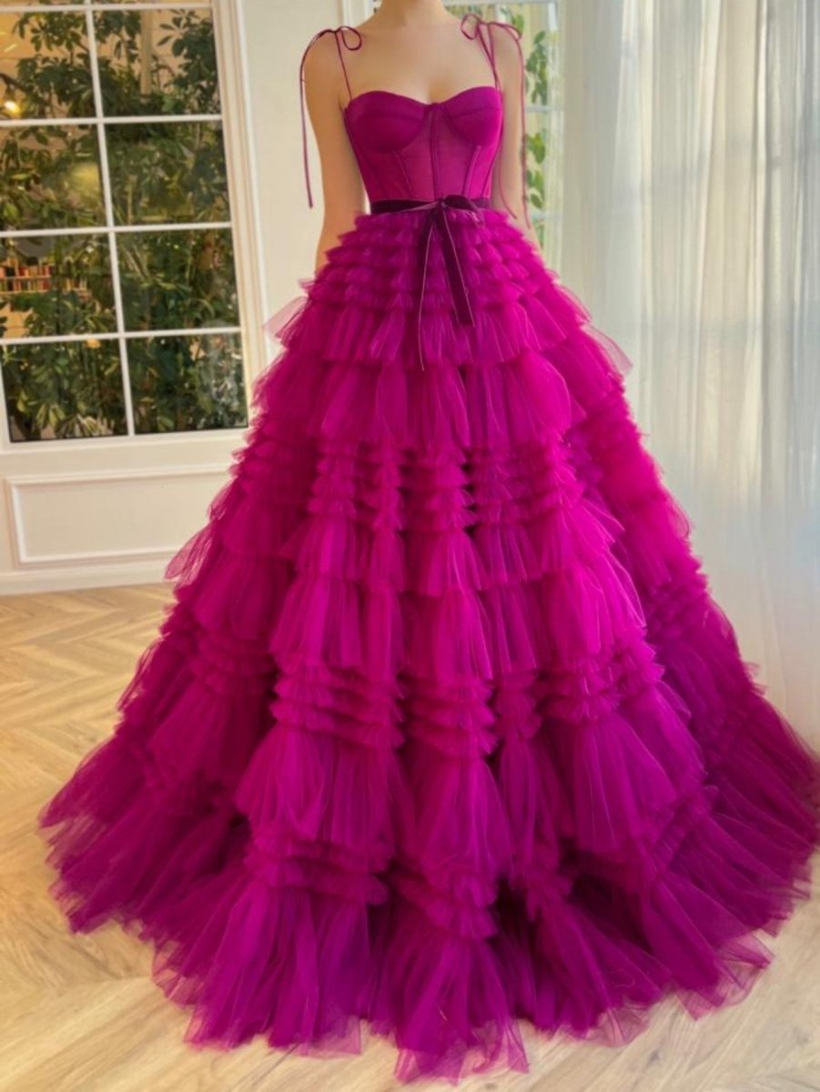 Blair |A Line Strapless Fuchsia Tiered Long Tulle Prom Dress - KissProm