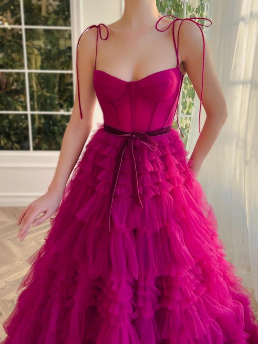 Blair |A Line Strapless Fuchsia Tiered Long Tulle Prom Dress - KissProm