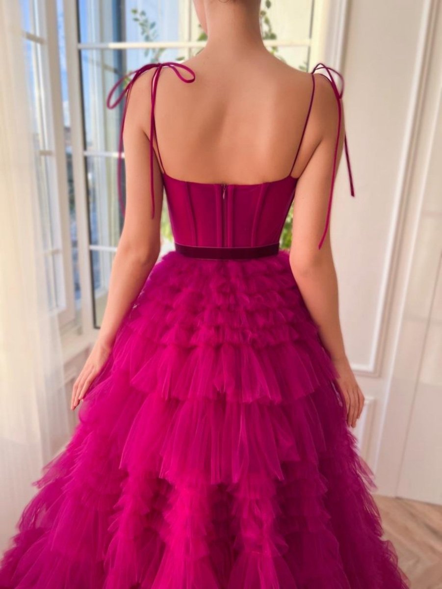 Blair |A Line Strapless Fuchsia Tiered Long Tulle Prom Dress - KissProm