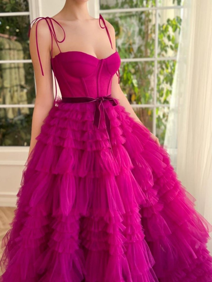 Blair |A Line Strapless Fuchsia Tiered Long Tulle Prom Dress - KissProm