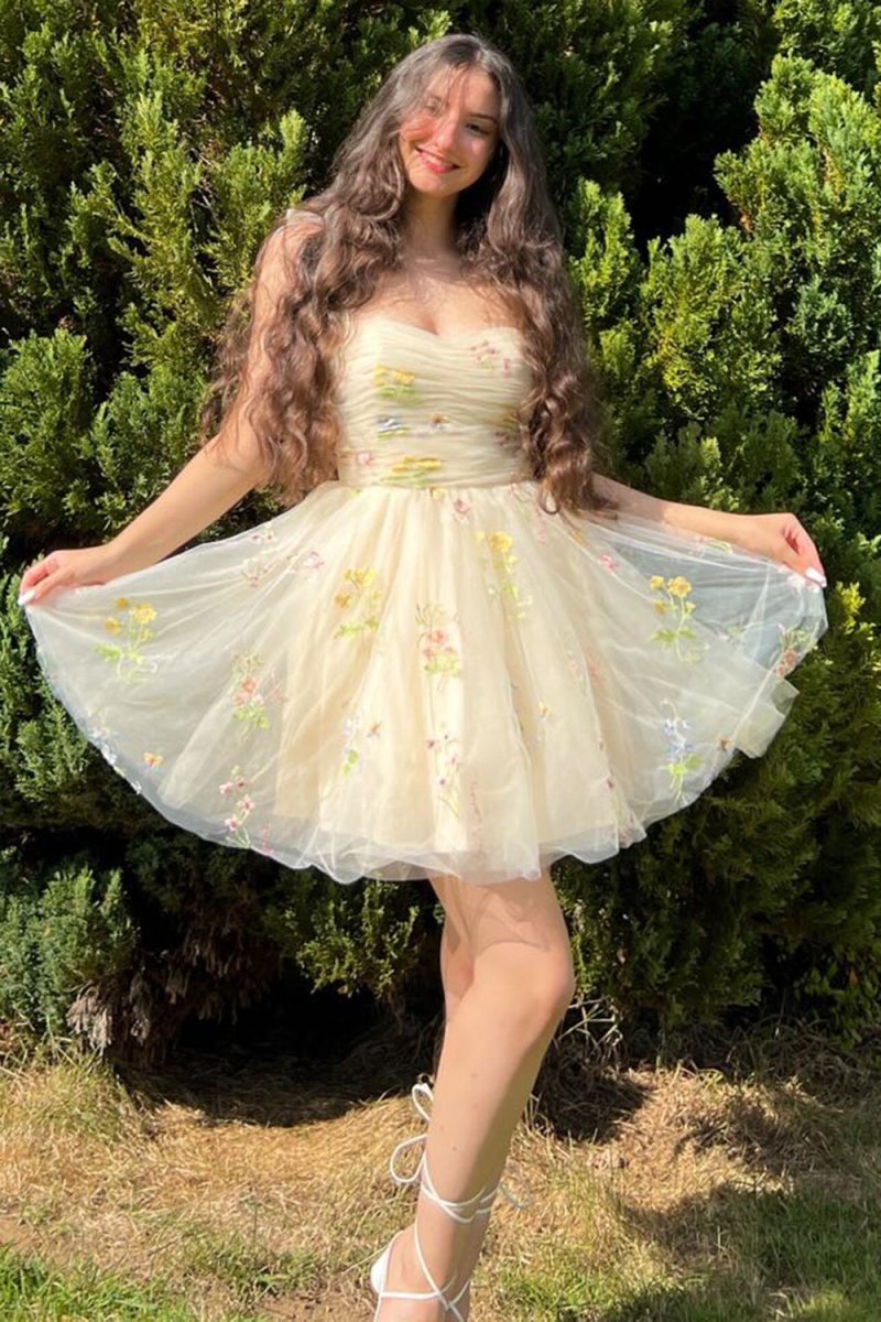 Lucia |A Line Short Floral Embroidery Homecoming Dress - KissProm