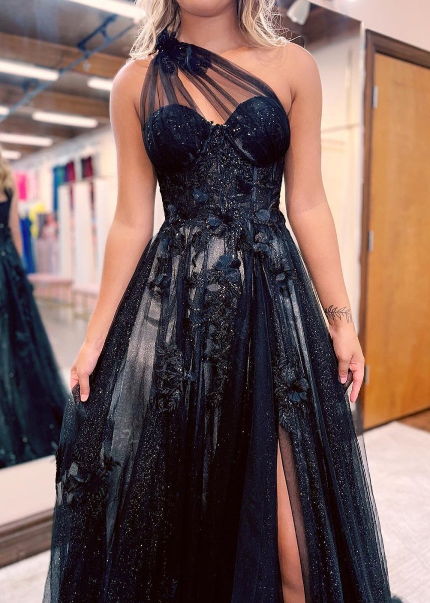 A Line One Shoulder Black Long Prom Dress with Appliques - KissProm