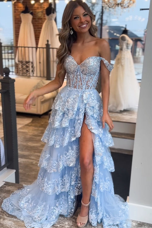Princess A Line Off the Shoulder Corset Prom Dress with Lace Ruffles ...