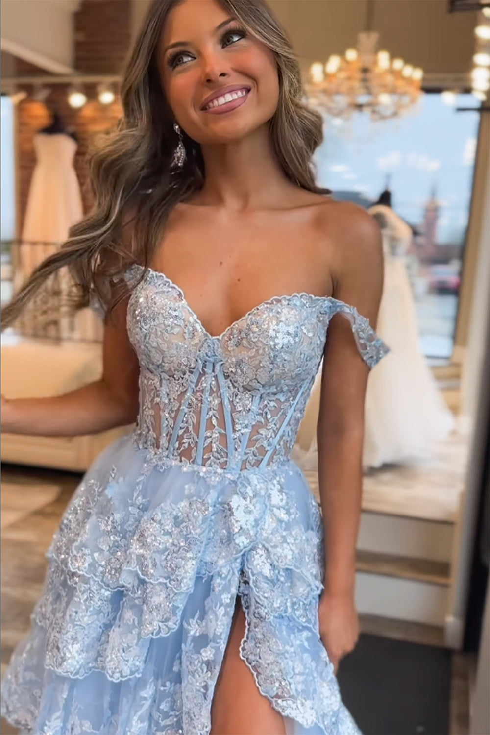 Princess A Line Off the Shoulder Corset Prom Dress with Lace