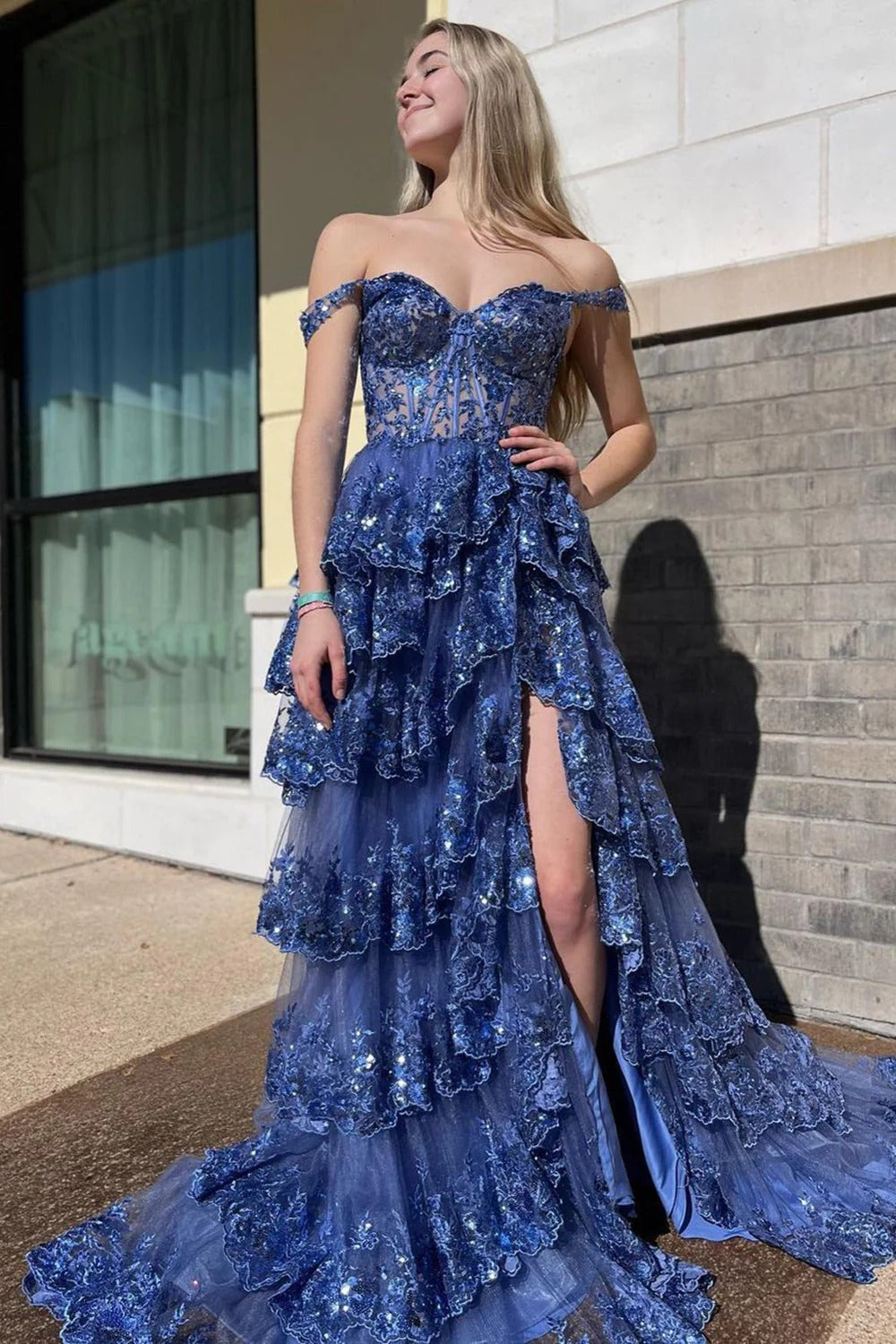 Light Blue Floral Lace A Line Prom Dresses Off the Shoulder