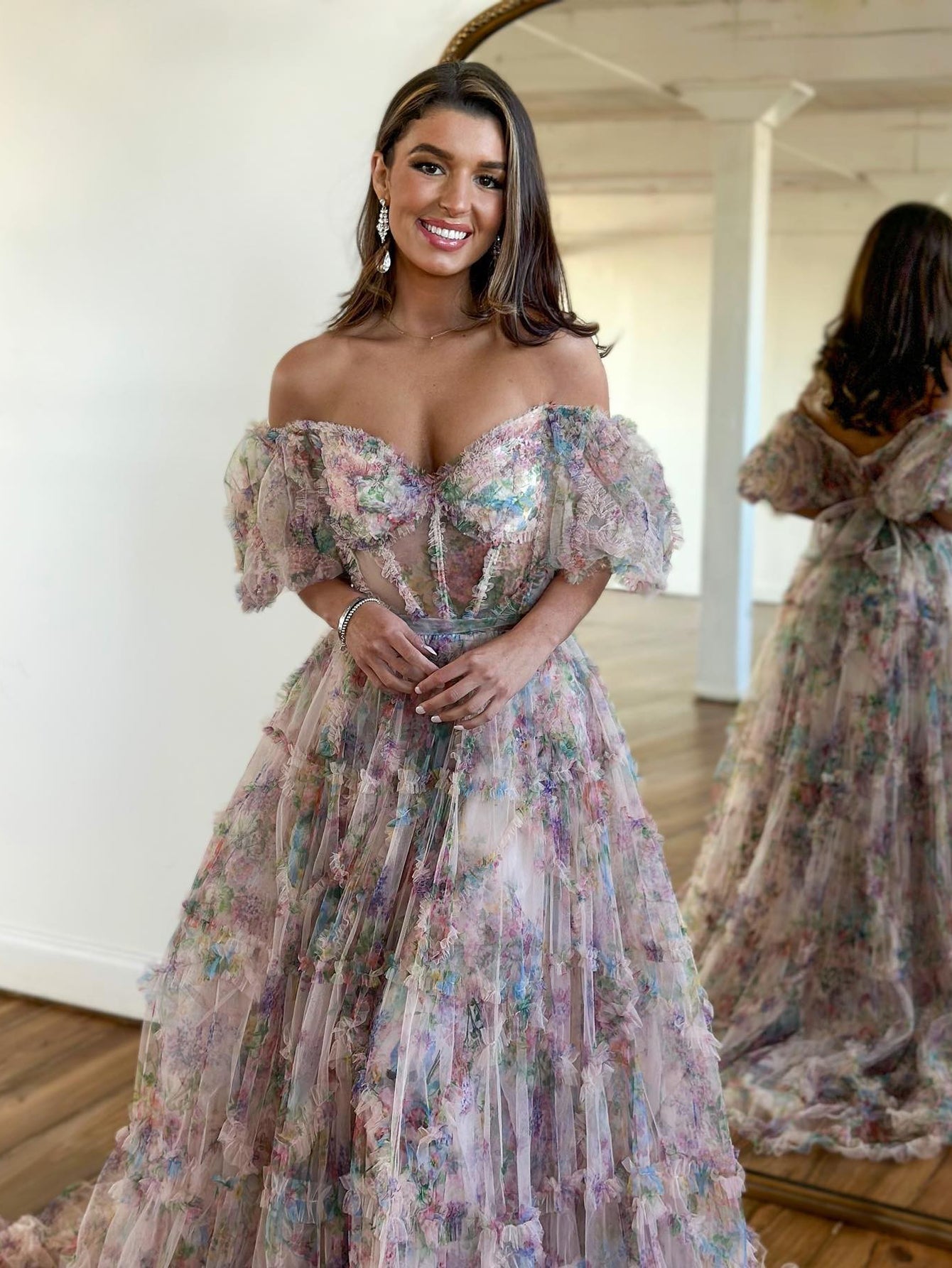 Sydney White A Line Off The Shoulder Floral Tulle Prom Dress | KissProm