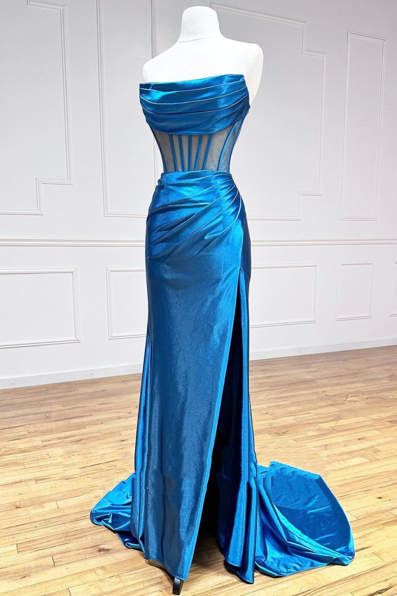 Strapless Pleated Boning Sheer Long Prom Dress with Slit - KissProm