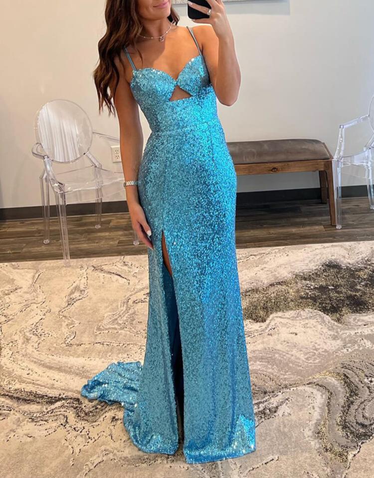 Spaghetti strap sequin hot sale prom dress