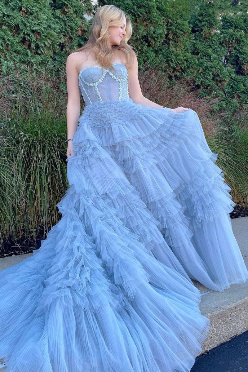 Jazlyn |Princess A - line Strapless Tiered Tulle Prom Dress - KissProm