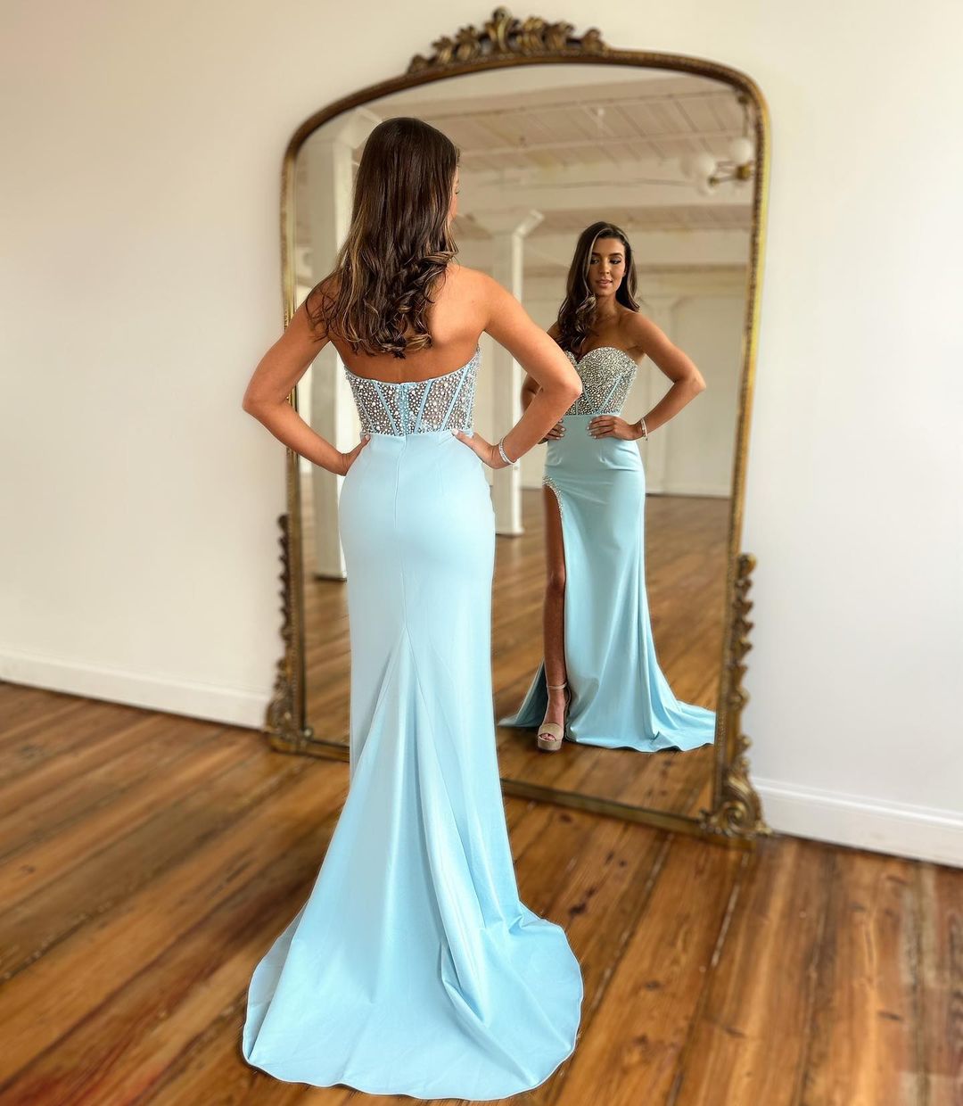 Blue Strapless Sweetheart Prom Dresses