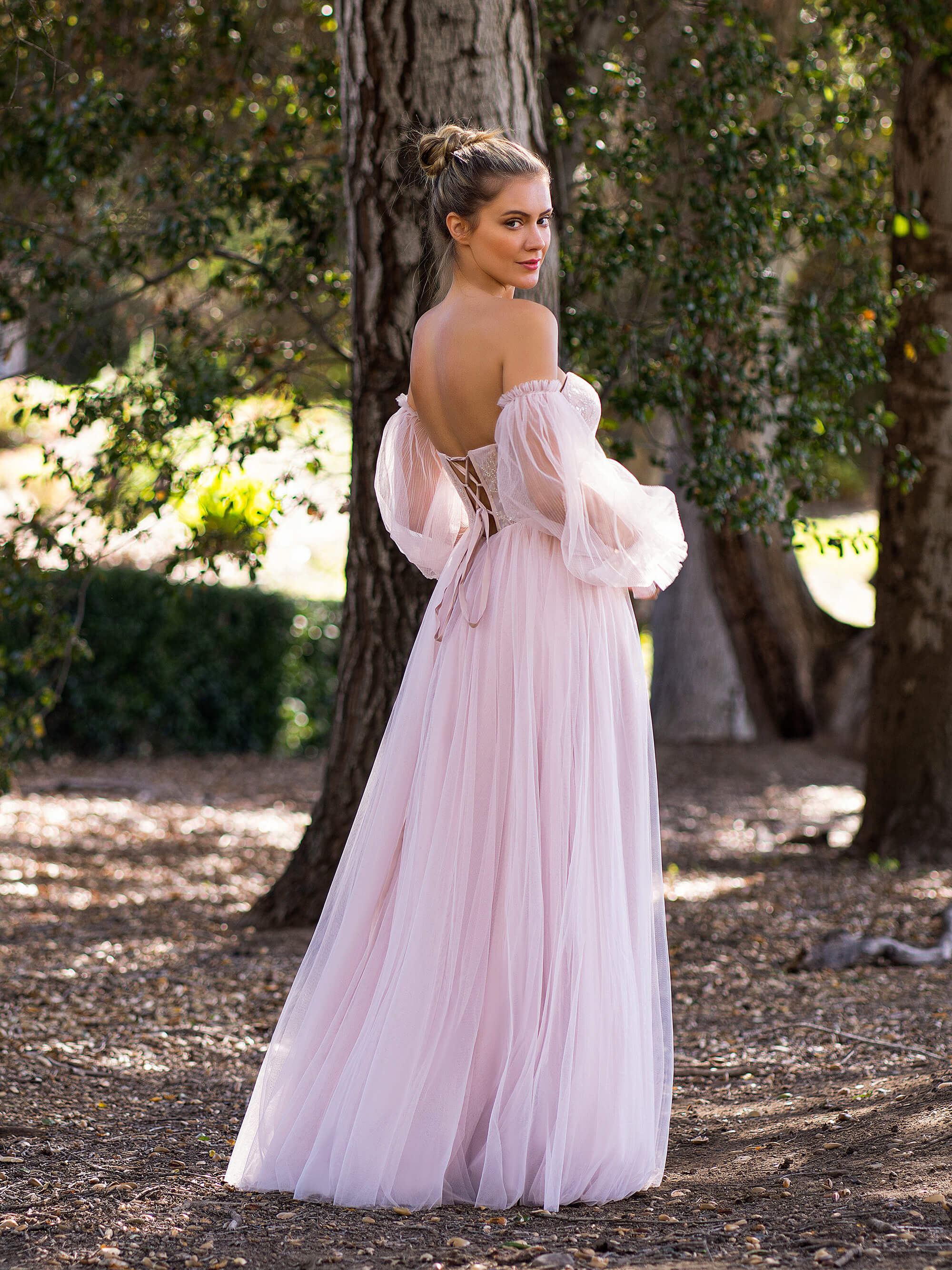 A-line Corset Off The Shoulder Floor Length Tulle Prom Dress with 