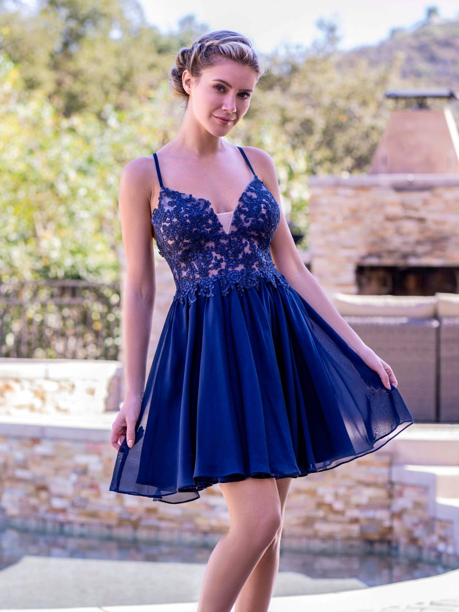 Deep V - applique Back Lace Up Mini Length Homecoming Dress - KissProm